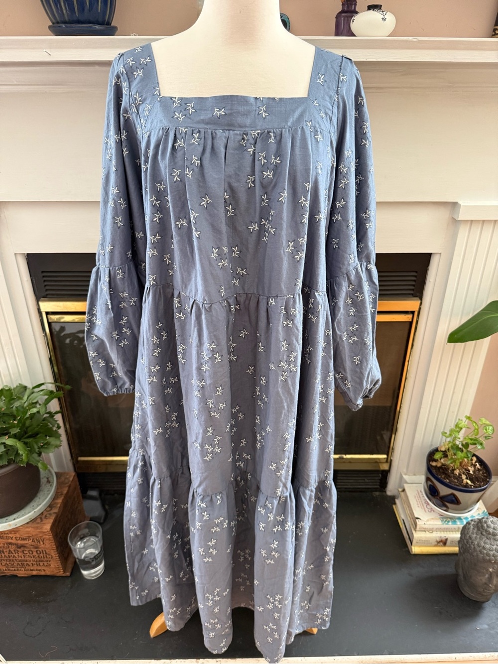 a.n.a Dusty Blue Floral Square-Neck Maxi Dress with Balloon Sleeves 3x NWT